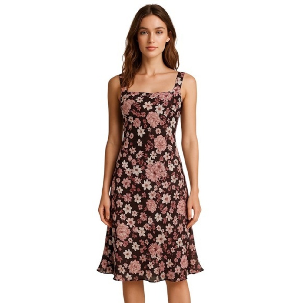 Mlle Gabrielle Vintage 90s Floral Midi Dress Brown Pink Square Neck Size 12